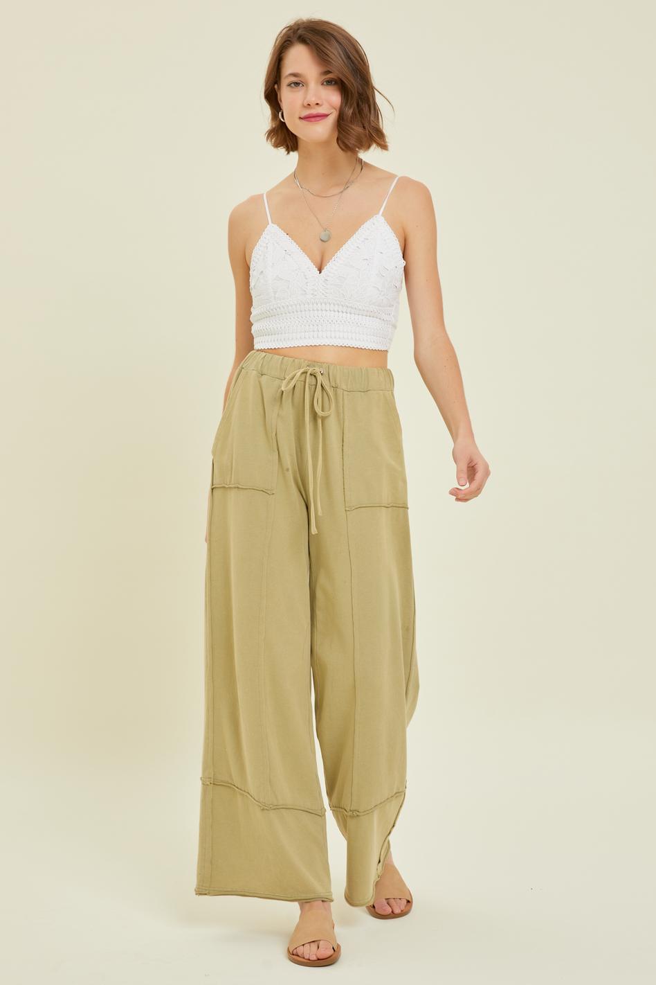 MINERAL-WASHED KNIT WIDE-LEG PANTS - SAGE