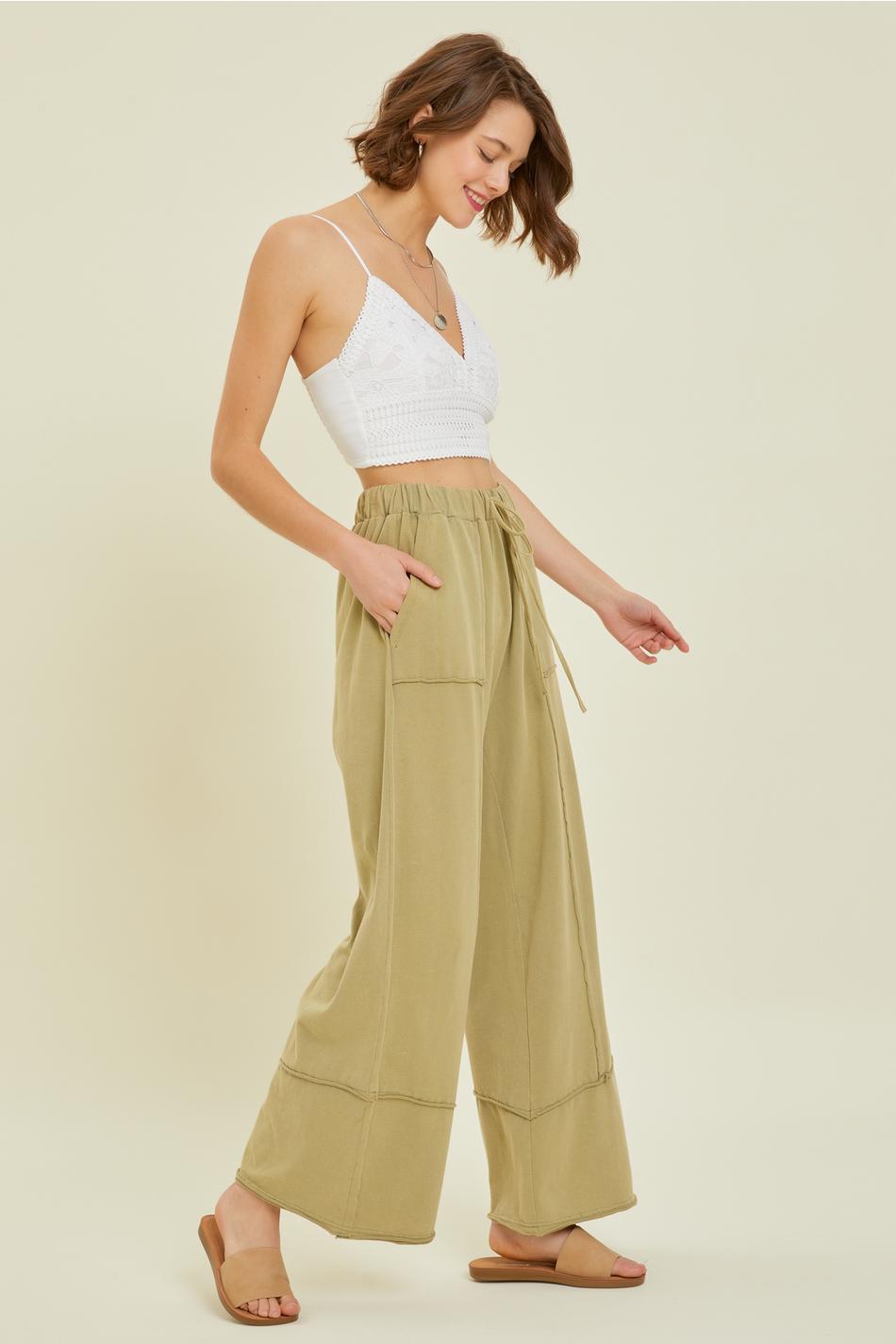 MINERAL-WASHED KNIT WIDE-LEG PANTS - SAGE
