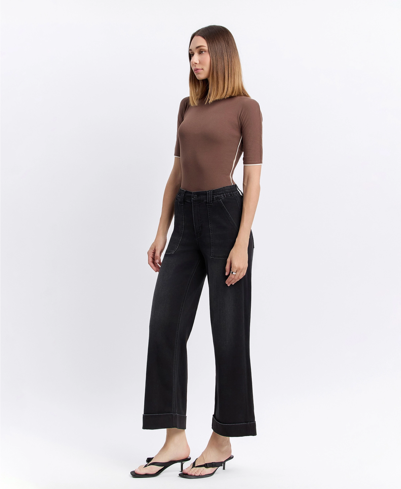 High Rise Cuffed Baggy Wide Jeans - Black