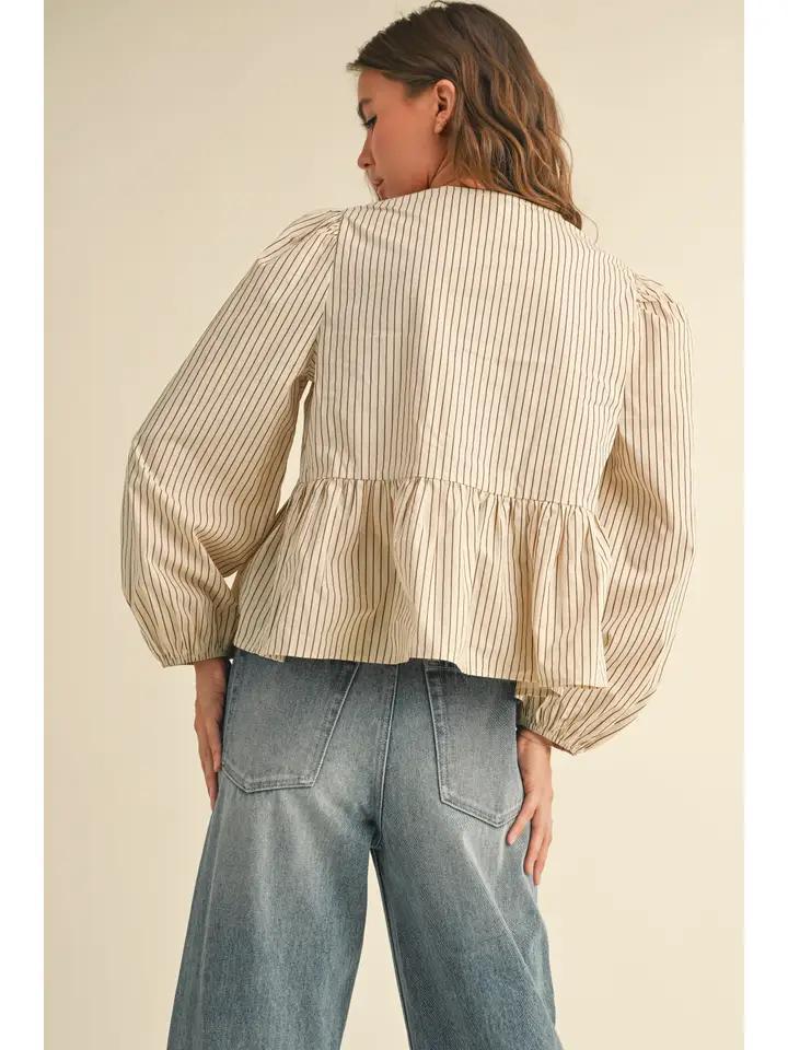 Striped Woven Blouse with Tie Front - Beige/Brown