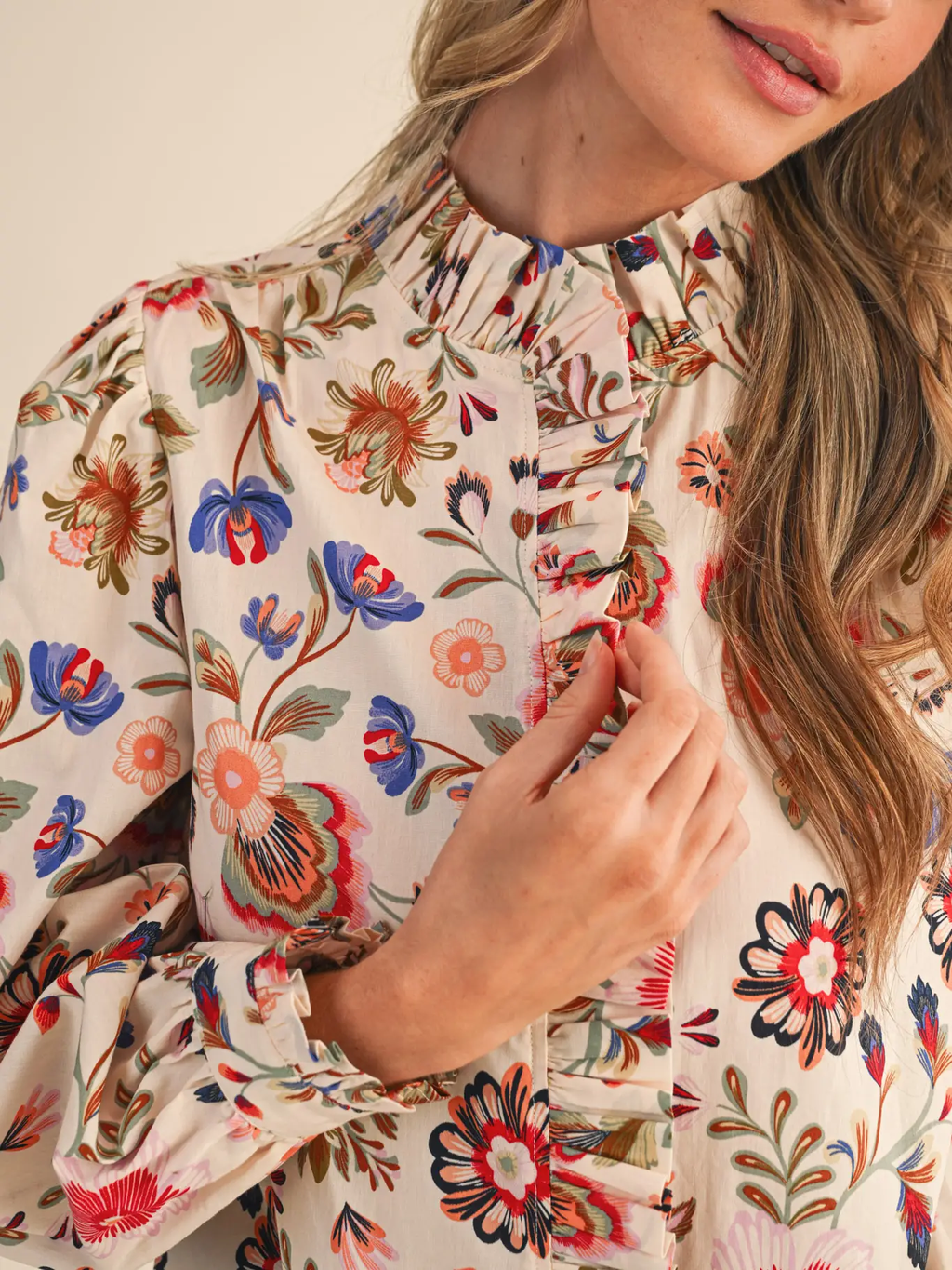 Exclusive Floral Print Ruffled Button Down Top - ASH OLIVE MULTI
