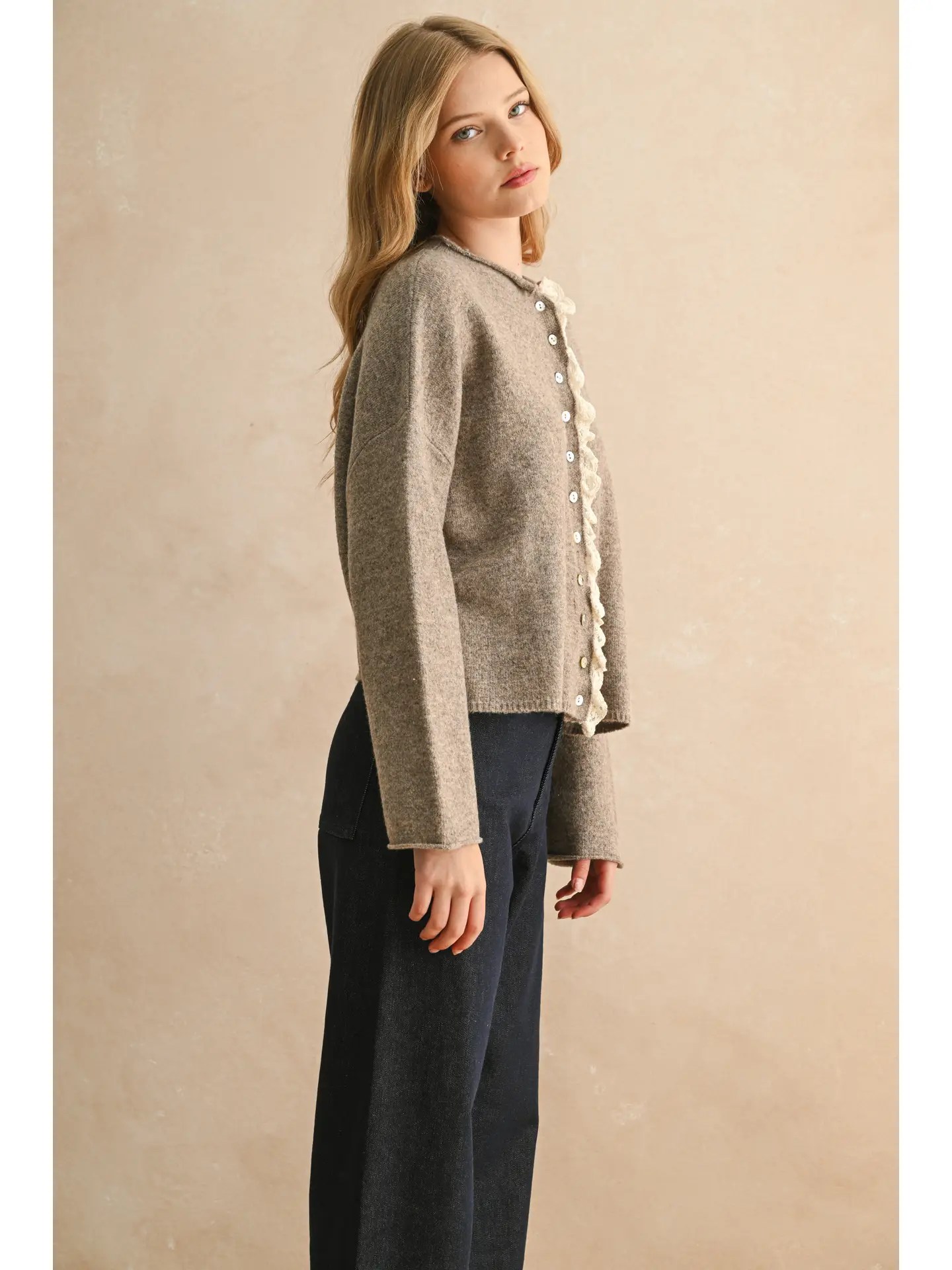 Button Front Lace Trim Knitted Cardigan - Mocha