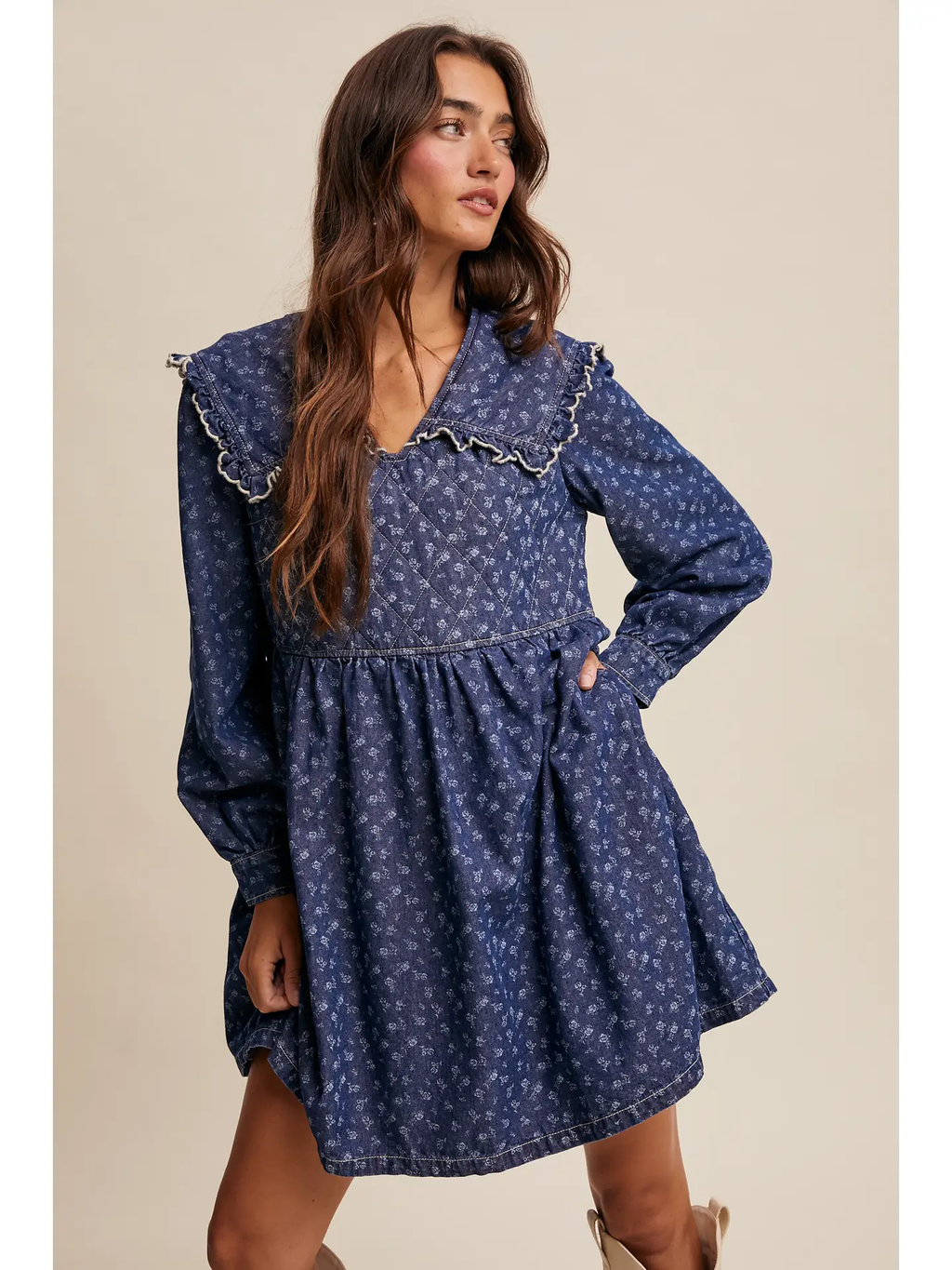 Quilted Yoke Denim Mini Dress