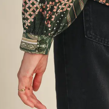 Mixed Patchwork Print Button Down Top - Green