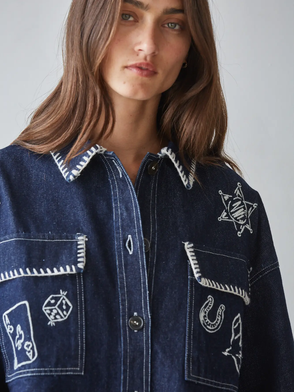 Woven Denim Cotton Embroidered Button Down Jacket - DARK DENIM