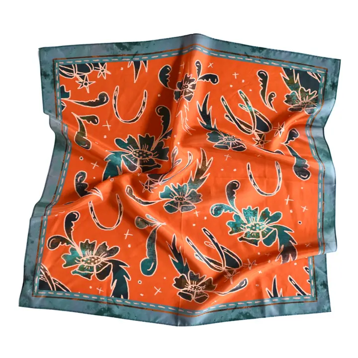 Spurs N’ Horseshoes in Rust Silk Western Cowgirl Wild Rag Scarf