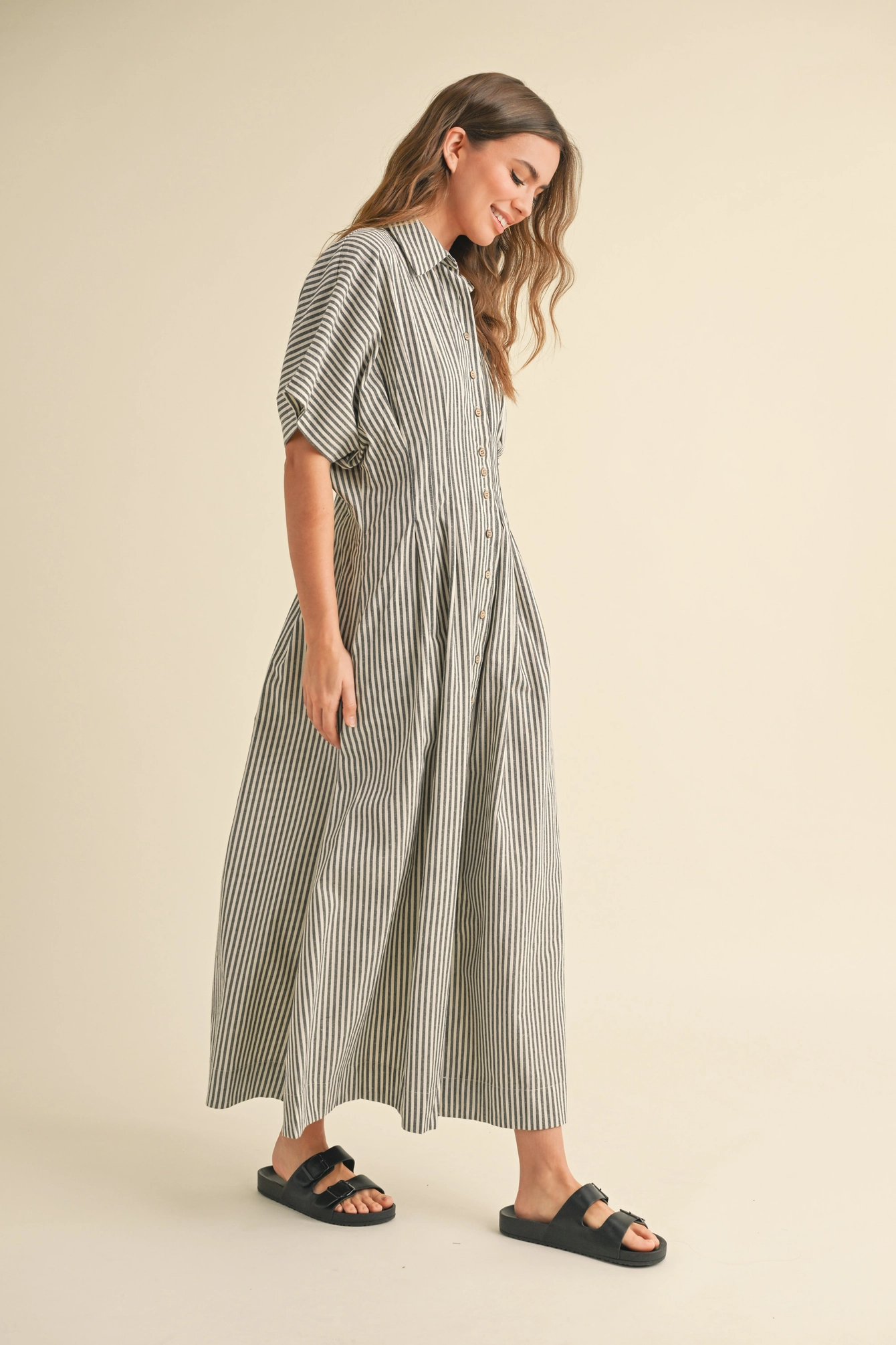 Striped Buttondown Shirt Dress - Black Stripe