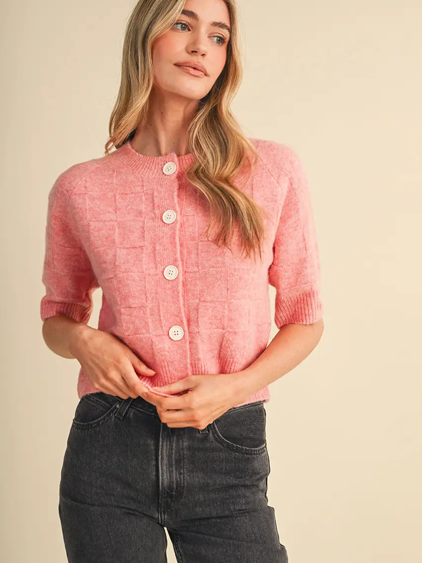Basket Weave Knit Short Sleeve Sweater Cardigan - MULTIPLE COLORS