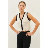 V-Neck Button-Down Crochet Sweater Top with Scallop Hem