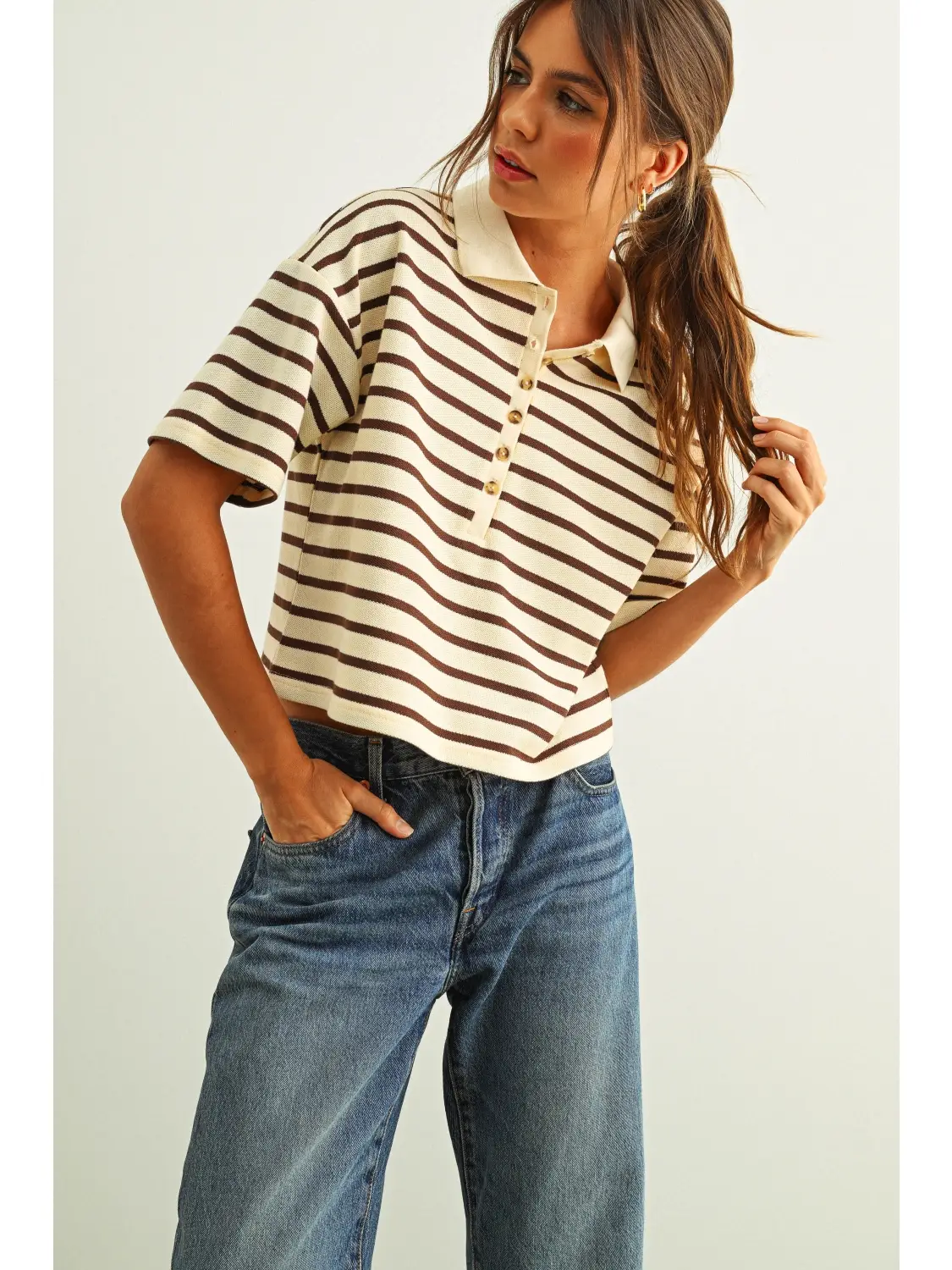 Stripe Pattern Short Sleeve Polo Shirts - CREAM & BROWN