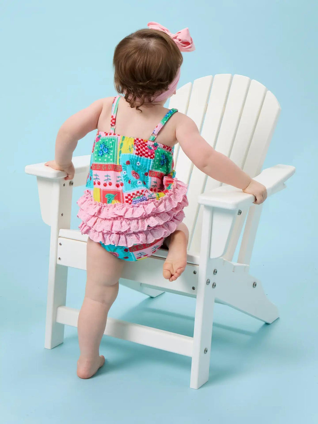 Baby Girls Picnic Party Patchwork Cotton Gauze Bow Front Bubble Woven Romper