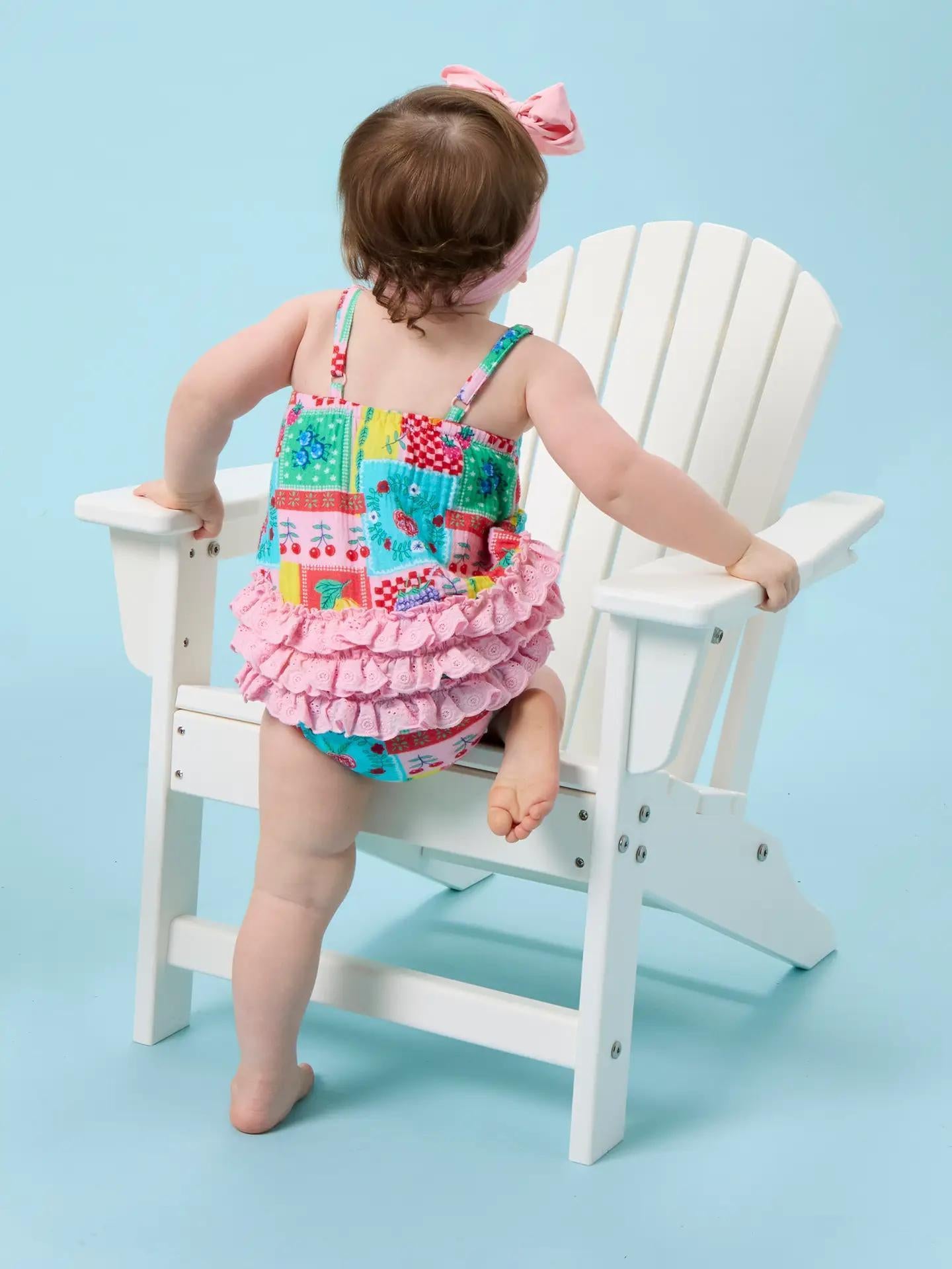 Baby Girls Picnic Party Patchwork Cotton Gauze Bow Front Bubble Woven Romper