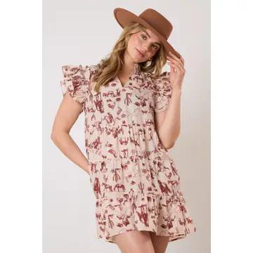 Western Print Sleeveless Mini Dress - Brown