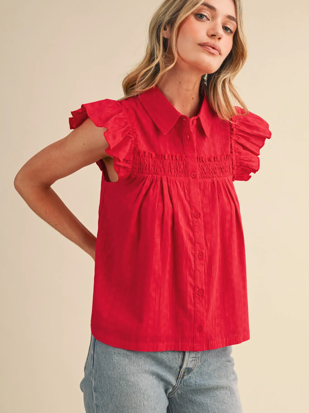 Ruffle Trim Button Down Top - RED