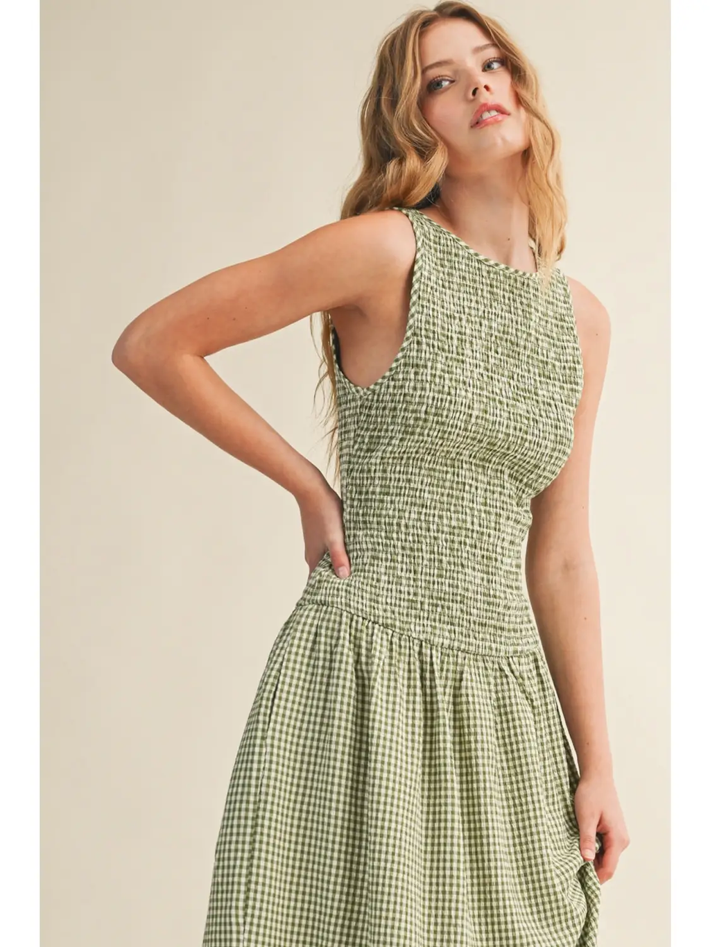 Mini Gingham Pattern Sleeveless Long Dress - GREEN