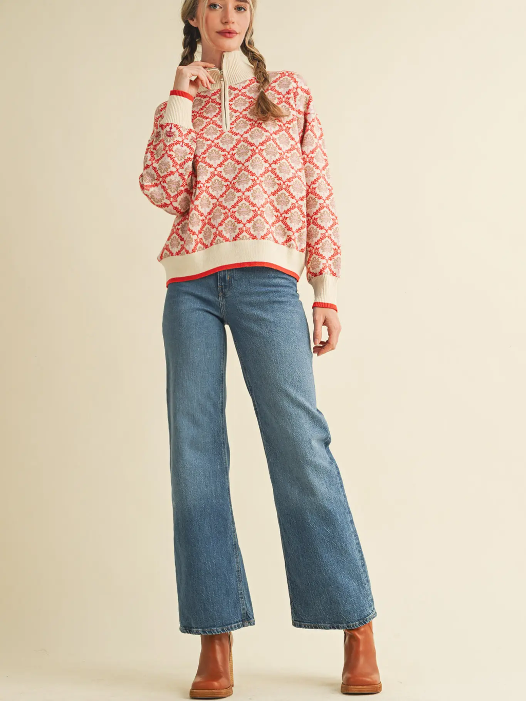 Floral Mock Neck Half Zip Pullover - CREME ORANCE MULTI