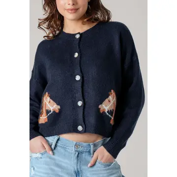 Western Horse Graphic Ribbed Trim Crew Neck Cardigan - NAVY