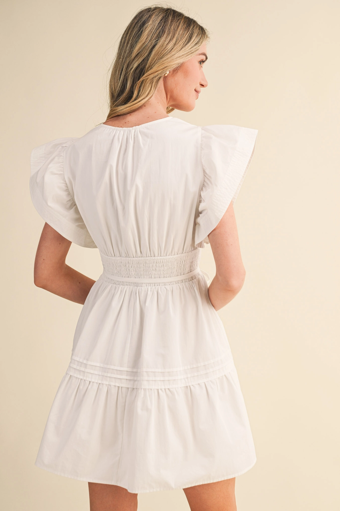 Embroidered Seam Pin Tuck Detail Mini Dress - OFF WHITE