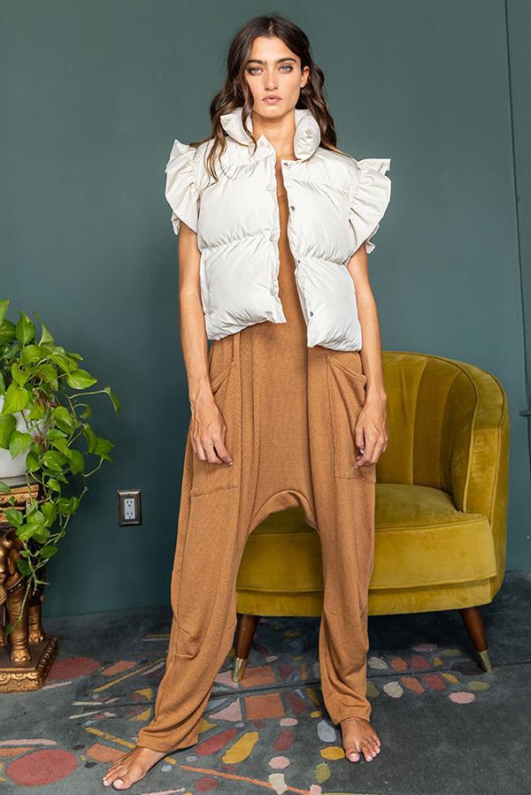 Ruffle Sleeve Crop Down Vest - Cream