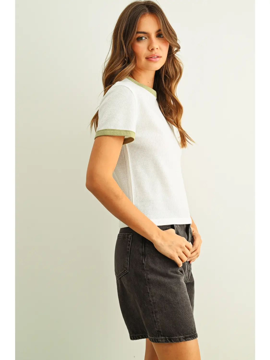 Color Combo Waffle Fabric Top - WHITE/SAGE