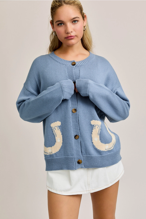 "Horseshoe" Graphic Long Sleeve Round Neck Cardigan