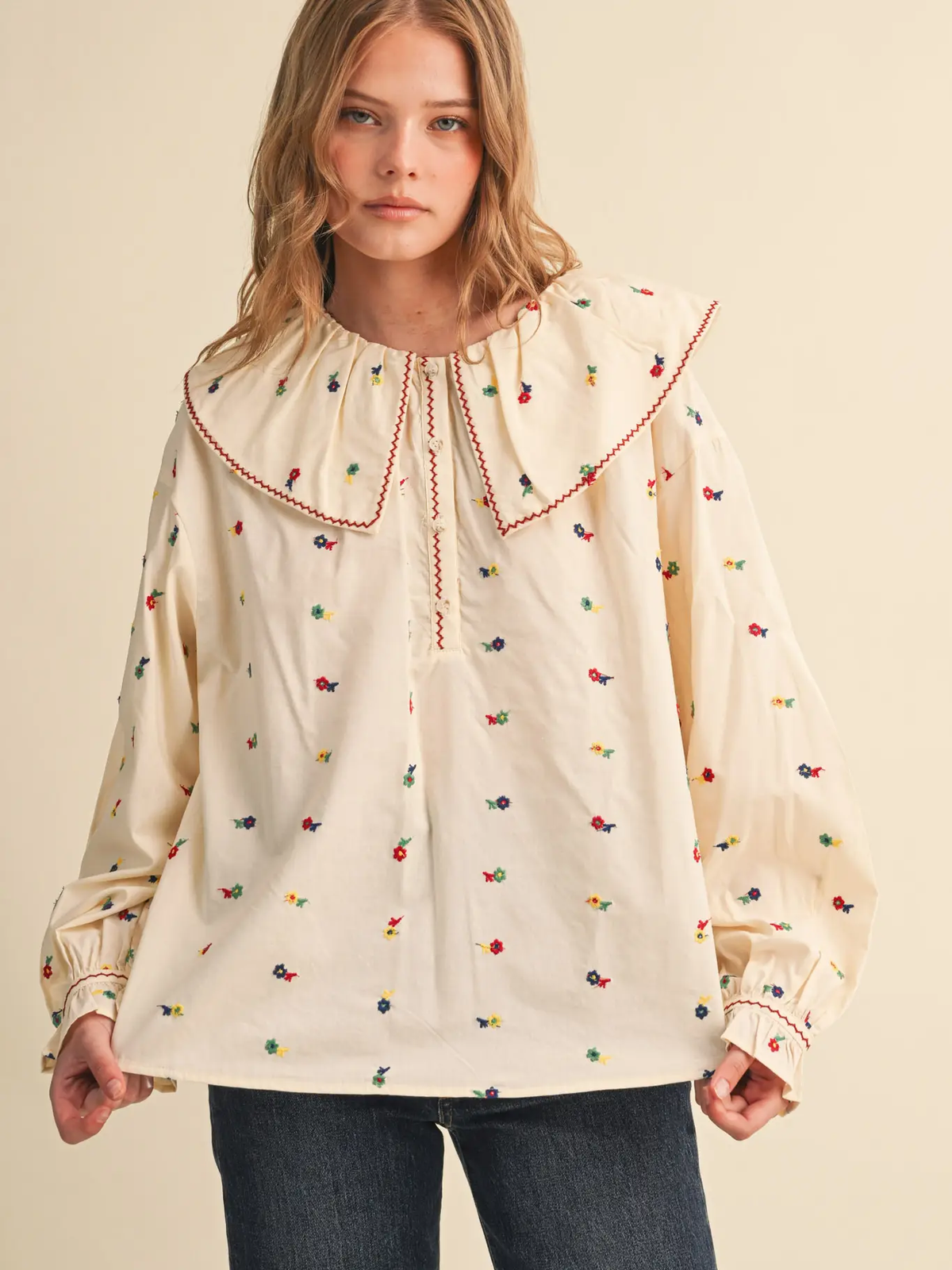 Embroidered Floral Oversized Collar Button Down Top