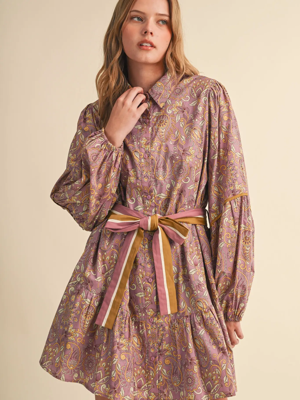 Floral Paisley Button Down Belted Mini Dress - MULTIPLE COLORS