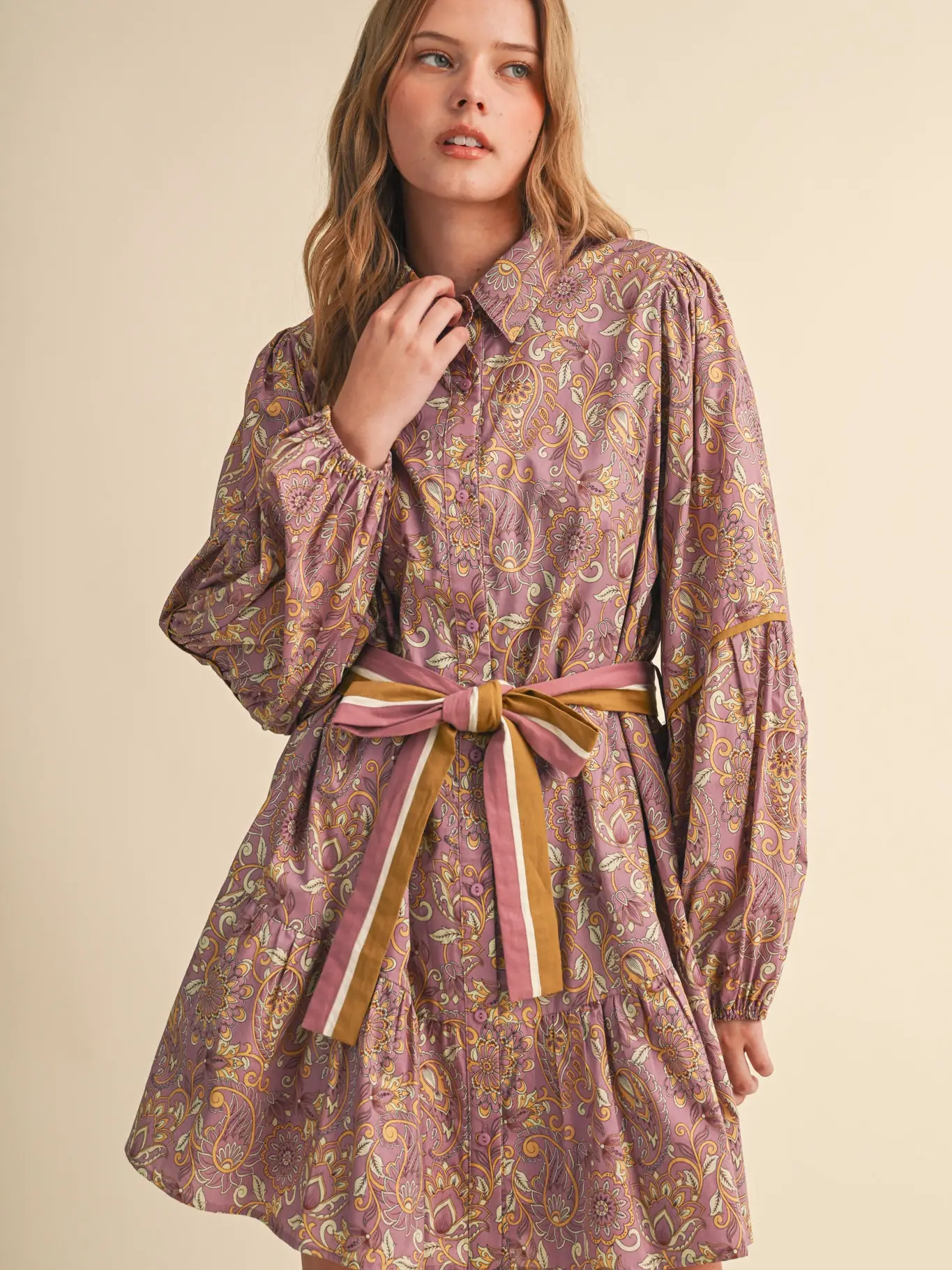 Floral Paisley Button Down Belted Mini Dress - MULTIPLE COLORS