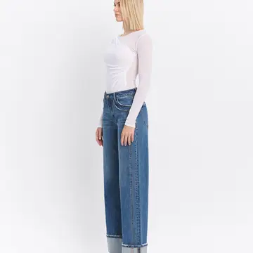 High Rise Cuffed Panel Baggy Wide Jeans - SHINE