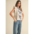 Striped with Tie Front Ruffle Sleeveless Blouse - Blue