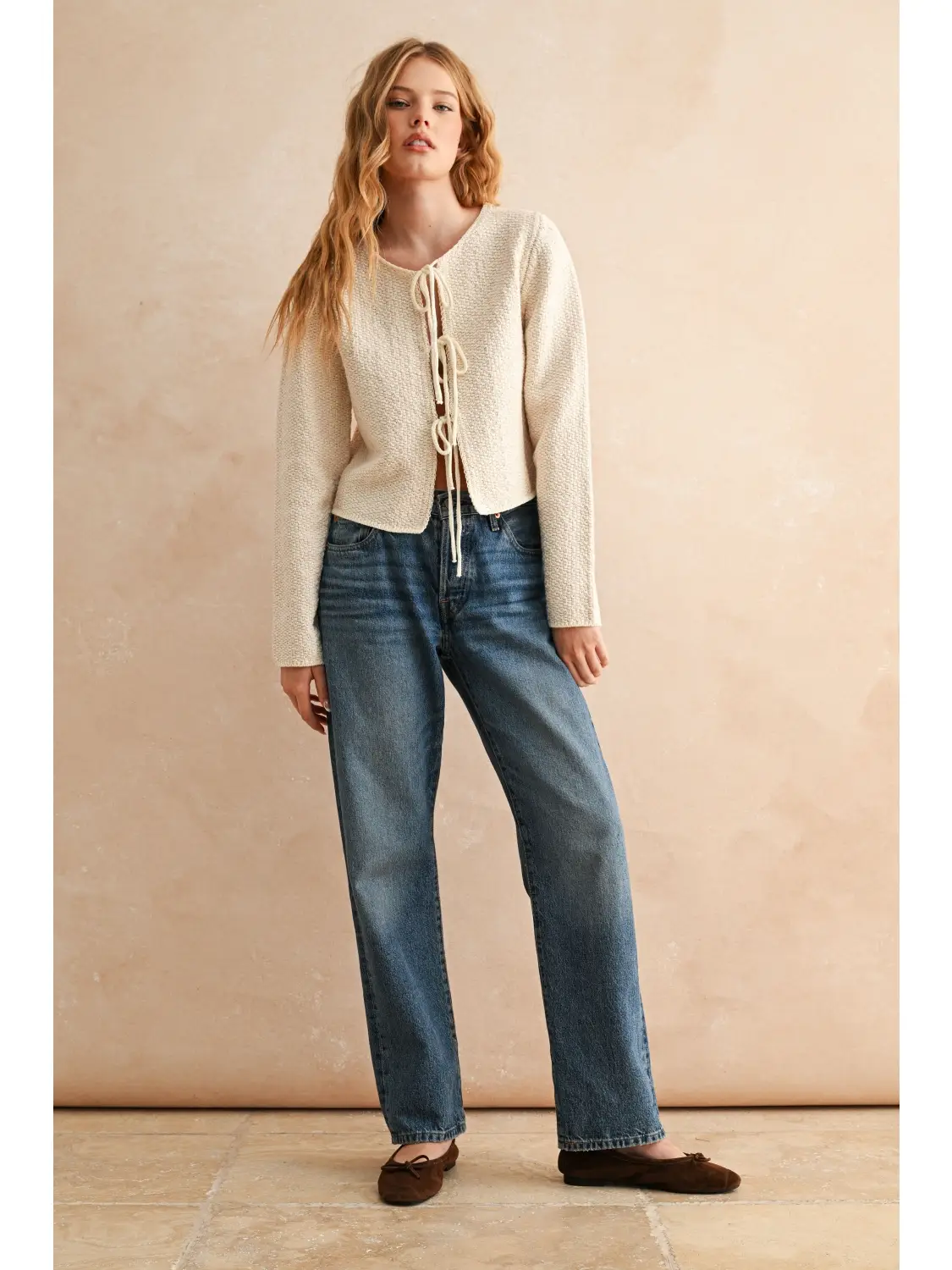 Two Tone Tie Front Long Sleeve Cardigan - CREAM