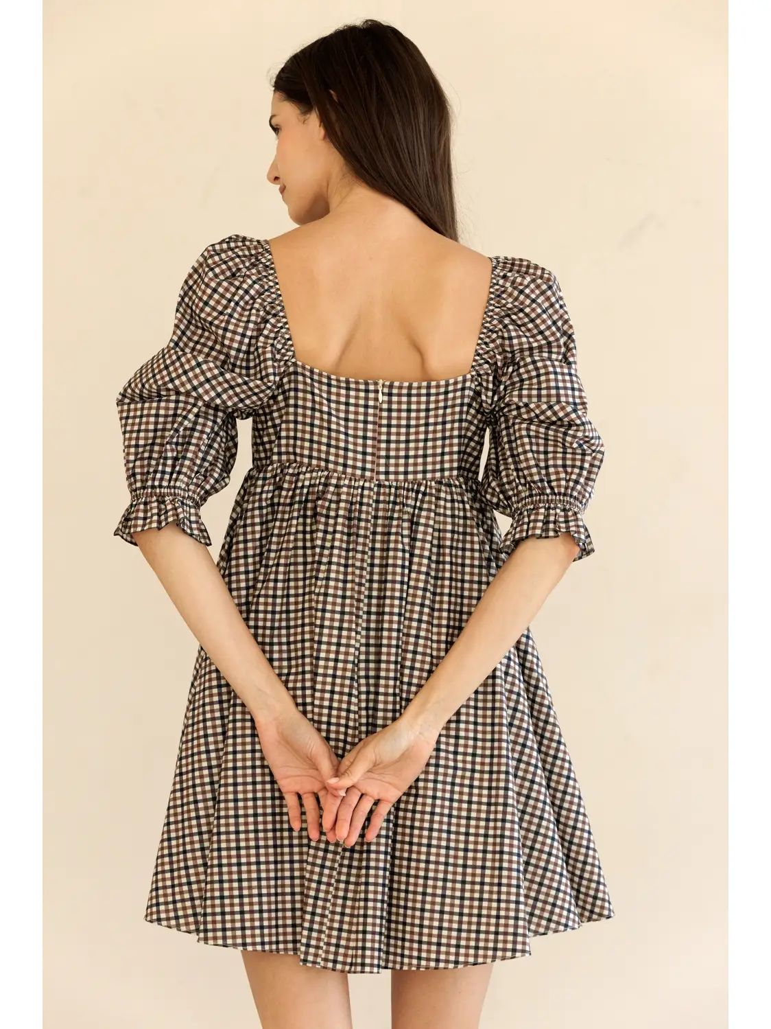 GINGHAM Puff Sleeve Mini Dress - Brown/Navy
