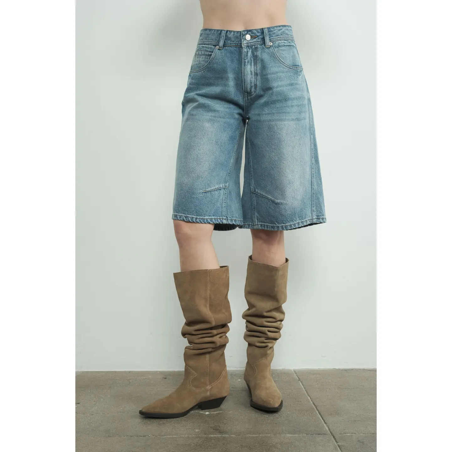 Denim Bermuda Shorts with Yoke Seam - MEDIUM WASH
