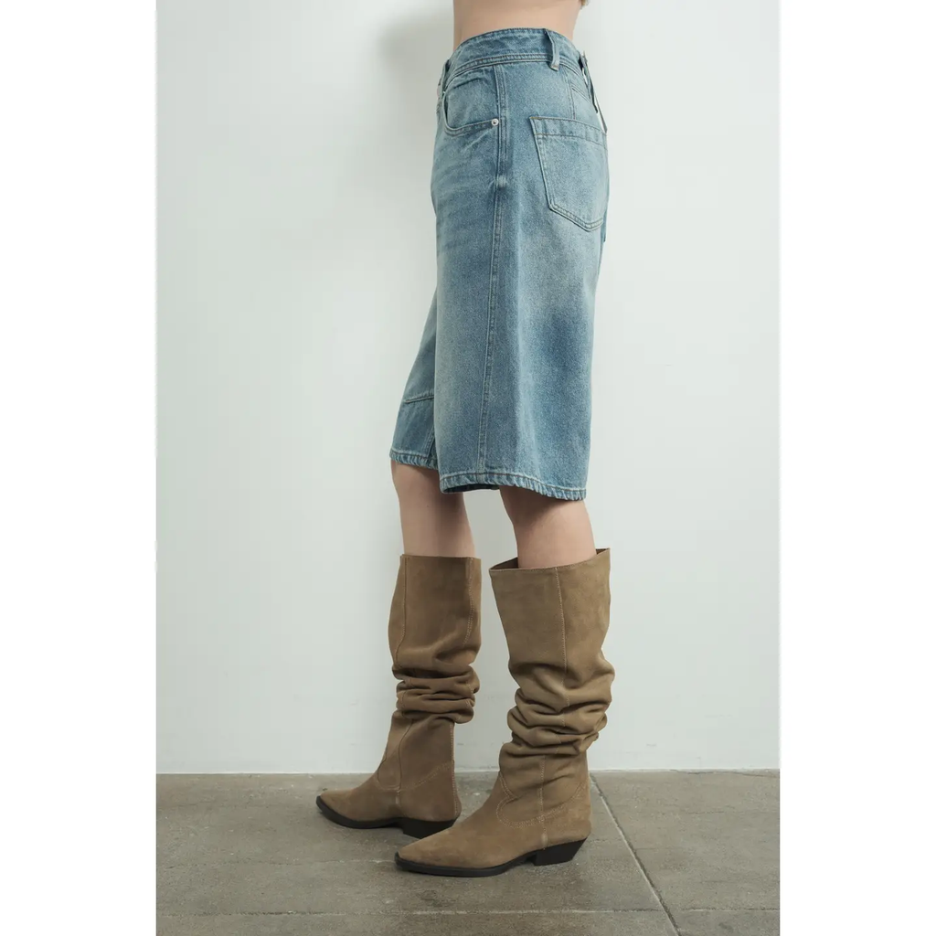 Denim Bermuda Shorts with Yoke Seam - MEDIUM WASH