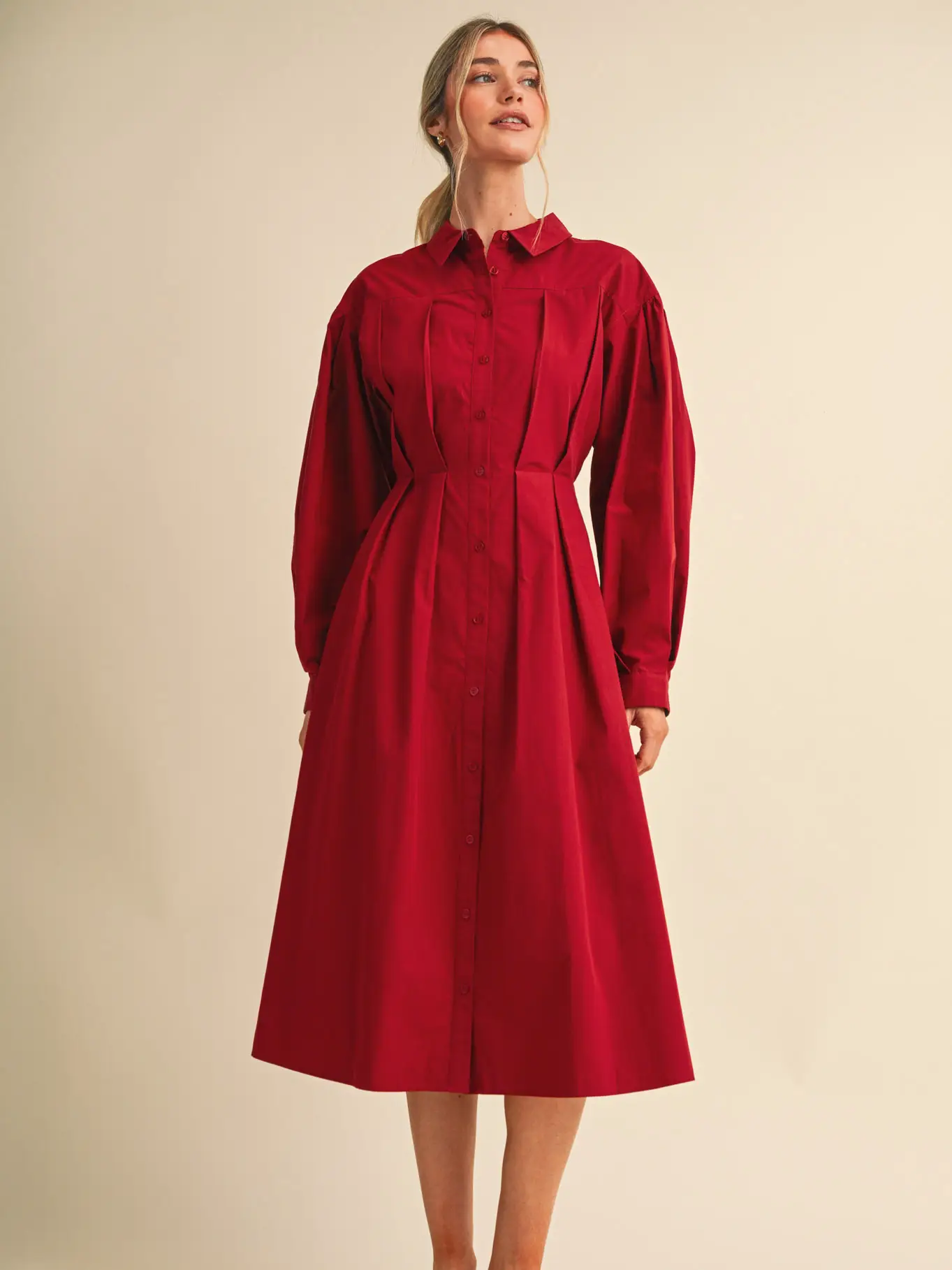 Pleated Waist Button Down Midi Dres