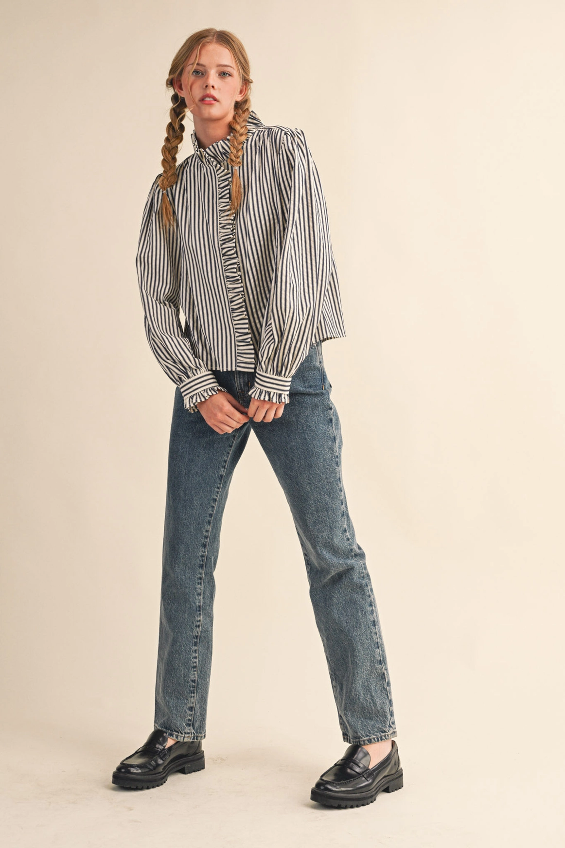 Striped Ruffled Button Down Long Sleeve Top