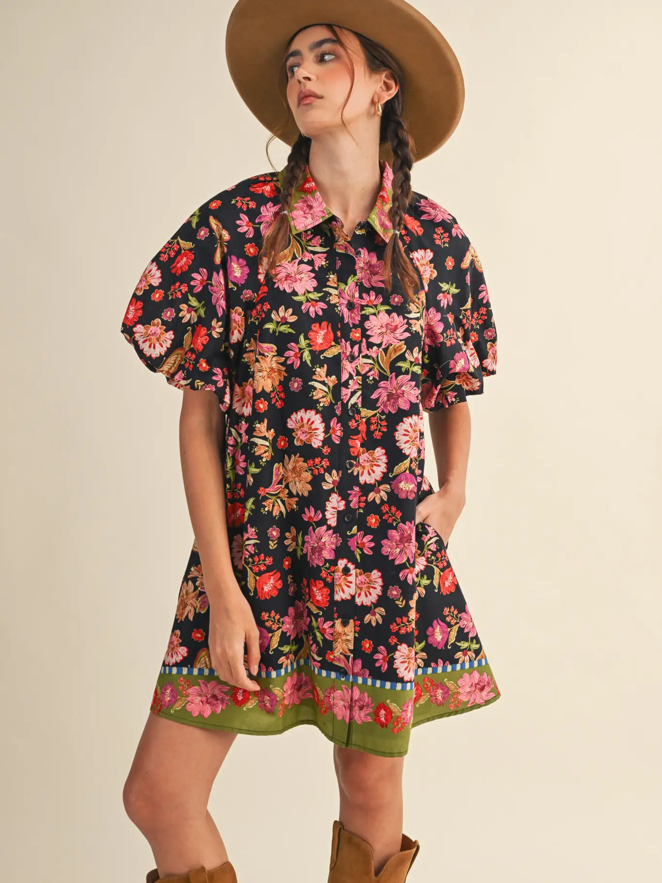 Collared Button Down Floral Mini Dress - BLACK MULTI