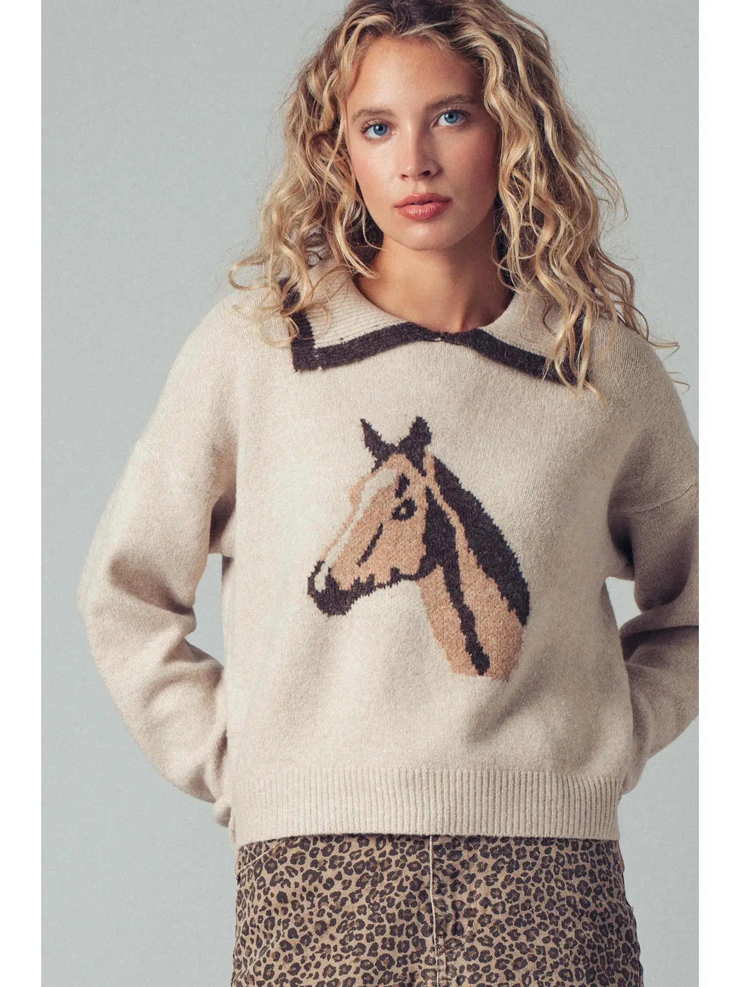 Horse Motif Knit Sweater - TAUPE