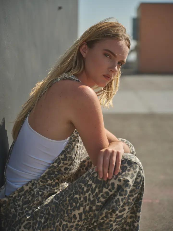 Leopard Print Slouchy Relax Fit Denim Overall