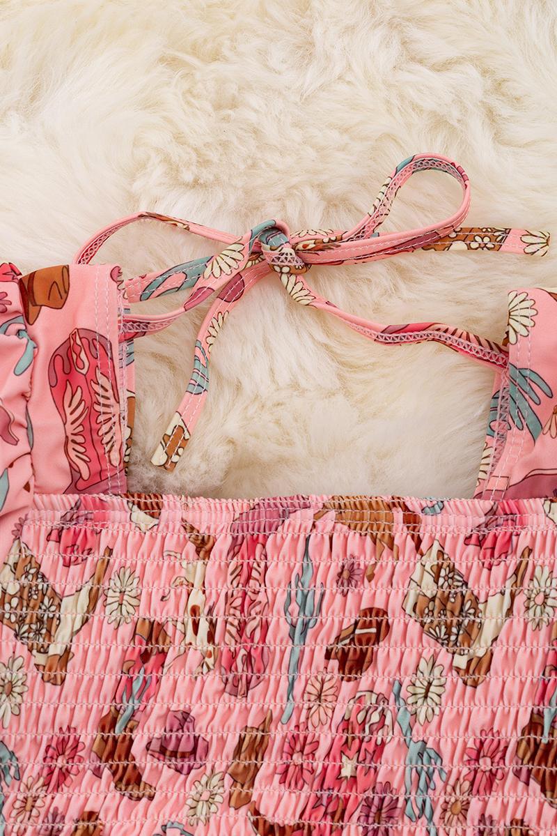 Smocked Bikini Swimsuit with Western Print