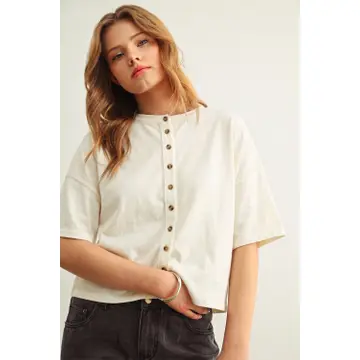 Button Down Round Neck Half Sleeve Top
