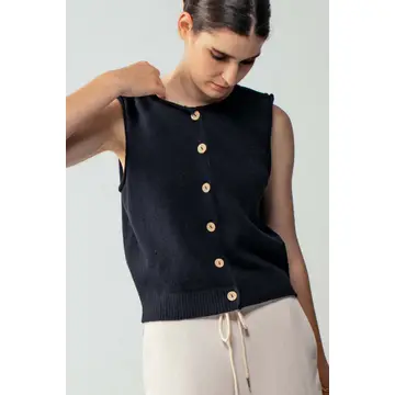 Relaxed Button-Front Knit Sleeveless Top - BLACK