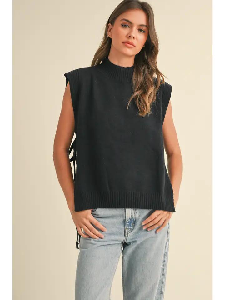 Mock Neck Tied On the Side Sweater Vest - Black