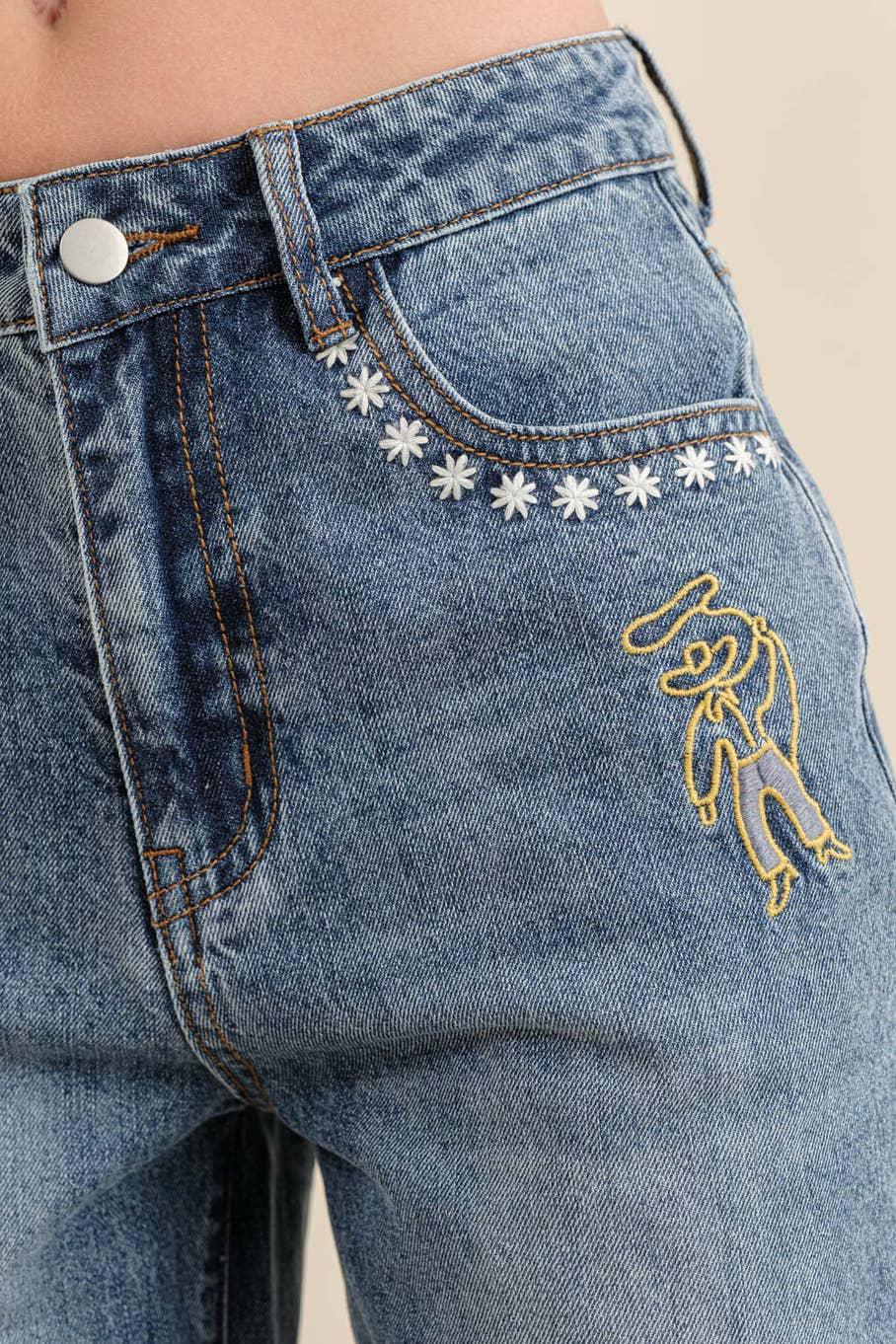 Straight Leg Embroidered Western Denim Jeans