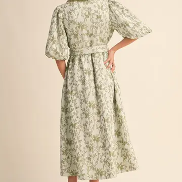 Jacquard Bubble Sleeve Button Down Midi Dress  - SAGE GREEN