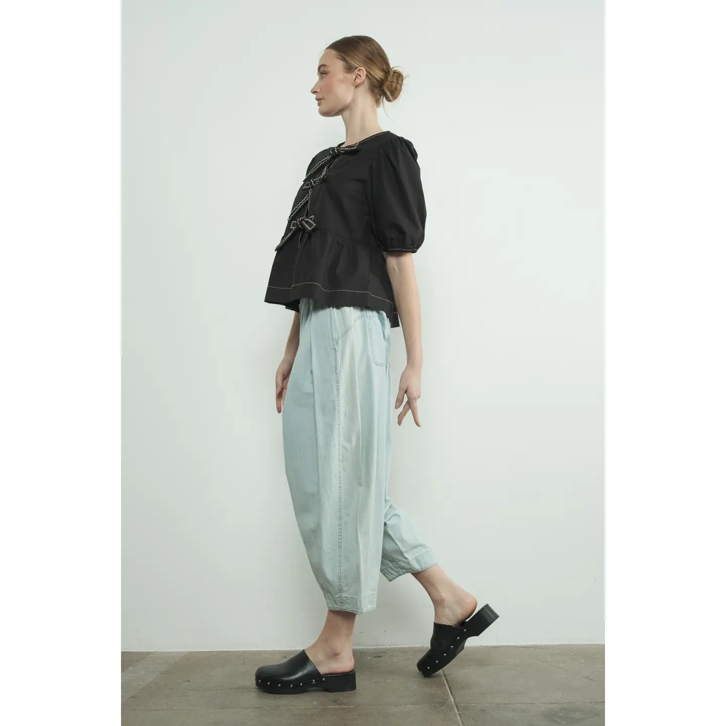 Embroidered Bow Tie Peplum Blouse - Black