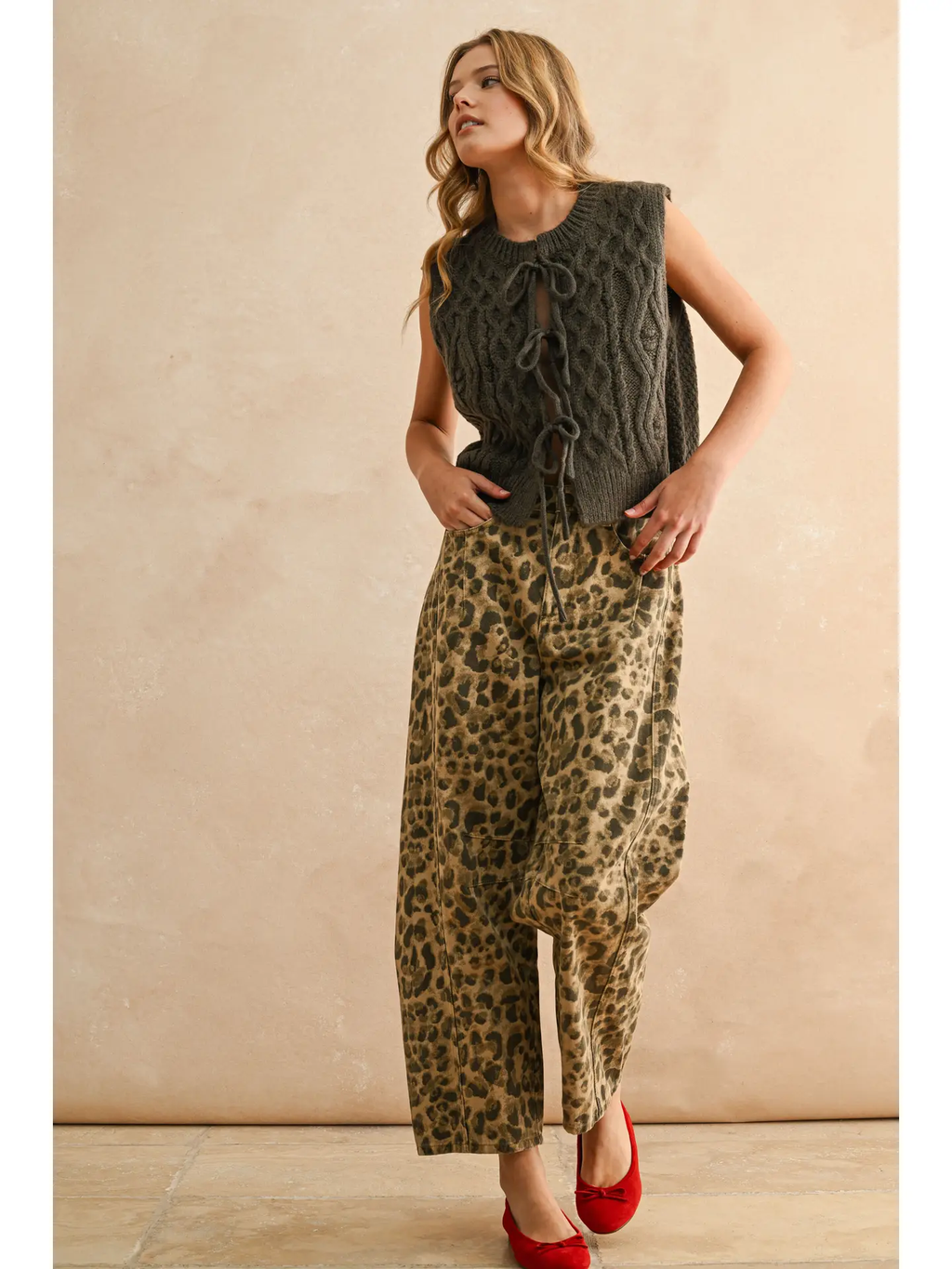 Tie Front Cable Knitted Vest - Olive