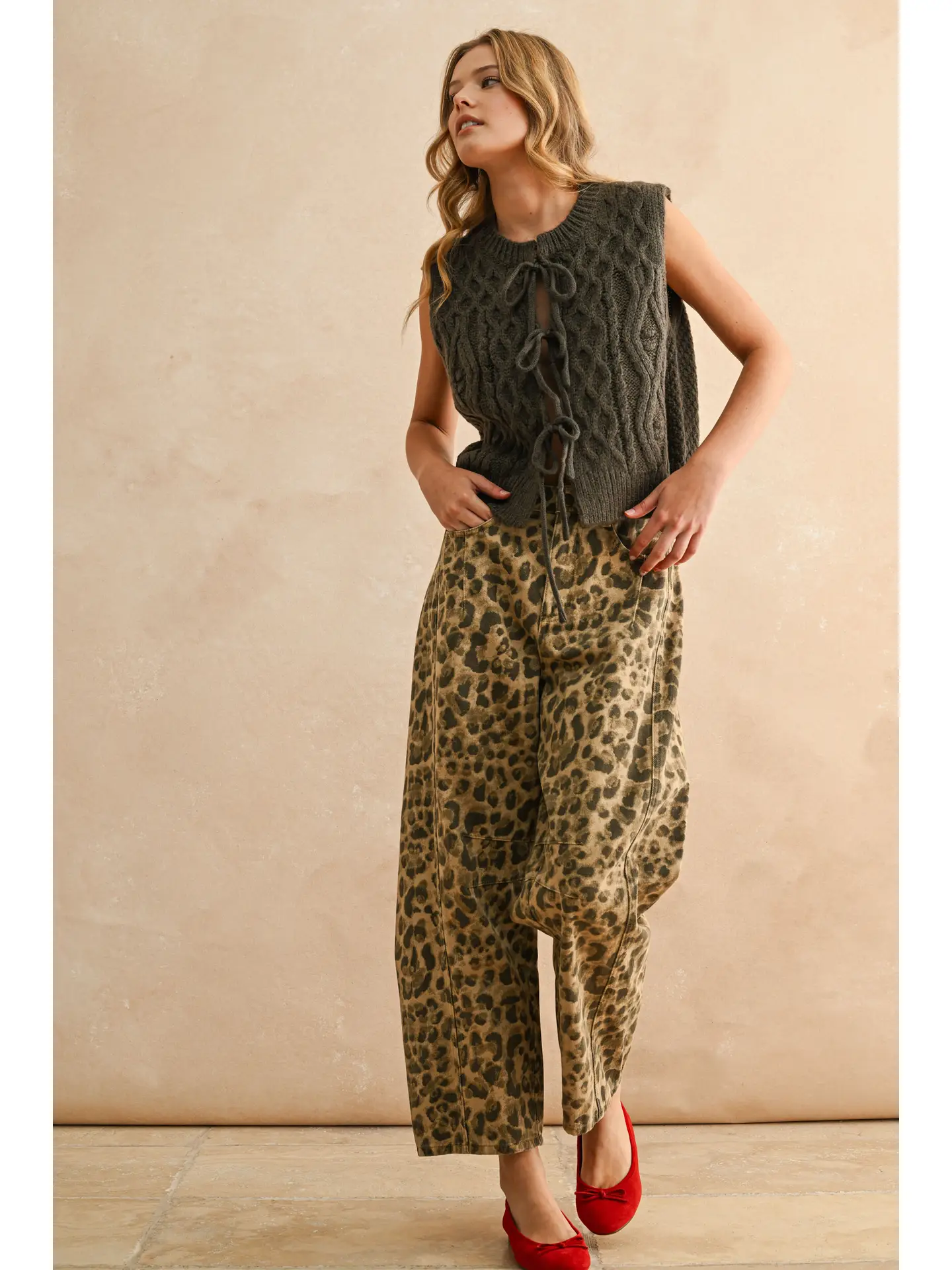 Tie Front Cable Knitted Vest - Olive