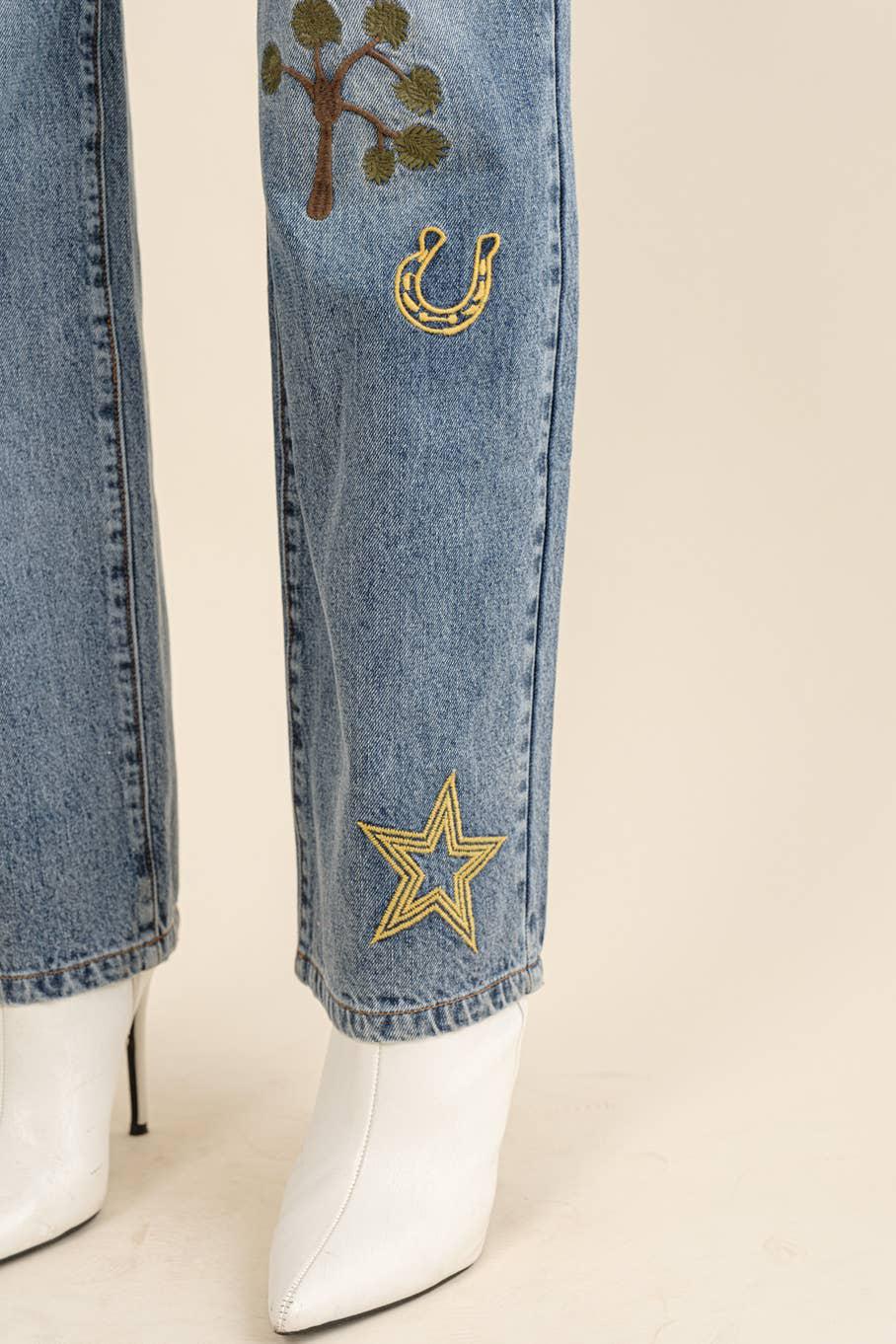 Straight Leg Embroidered Western Denim Jeans