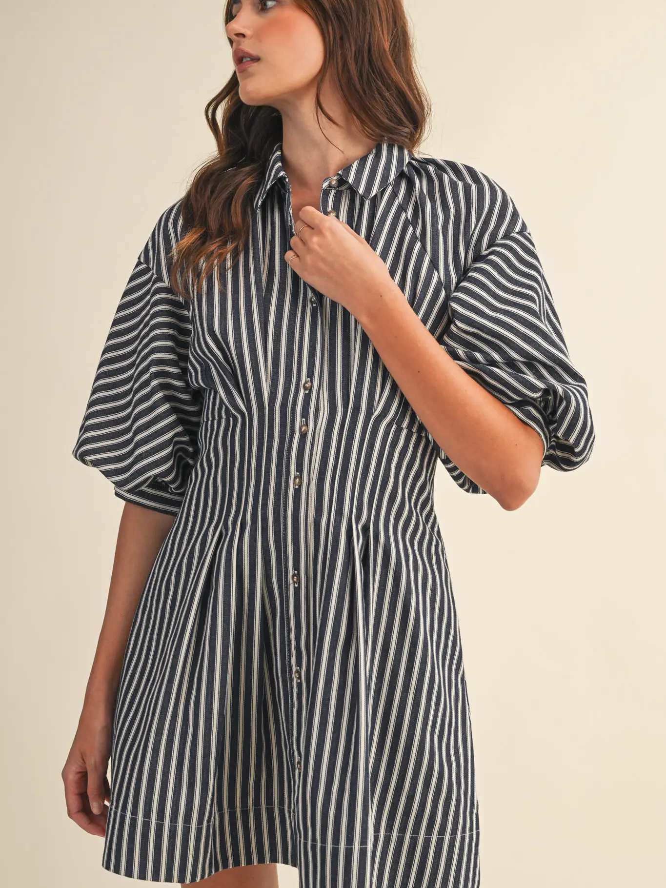 Striped Denim Bubble Sleeve Mini Dress - DENIM BLUE